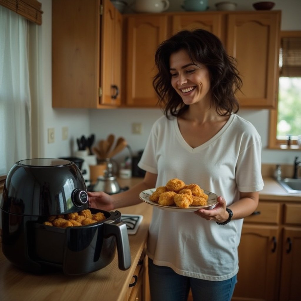 Ana en su cocina, sacando una tanda de pollo de la Air Fryer