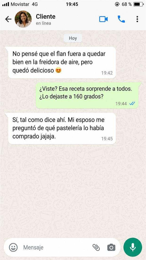 Conversación de WhatsApp sobre el flan en Air Fryer