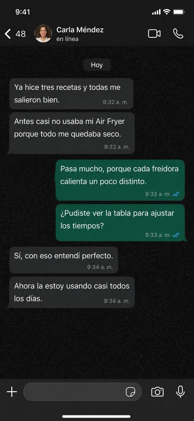 Conversación de WhatsApp sobre la tabla de tiempos y temperaturas